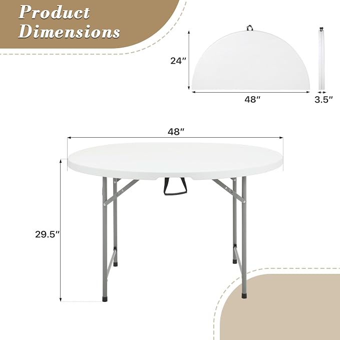 Athena Collection 4ft Folding Table, Indoor Outdoor Foldable Round Card Portable Plastic Craft Table with Lock & Handle, Collapsible Dining Desk for Commercial Party Camping, White