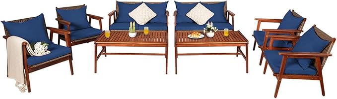 Tangkula 8 PCS Patio Wood Sofa Set, Outdoor Acacia Wood Seating Chat Set with Cushions & Coffee Table, Sectional Conversation Sofa Set for Garden, Backyard, Poolside (2, Blue)