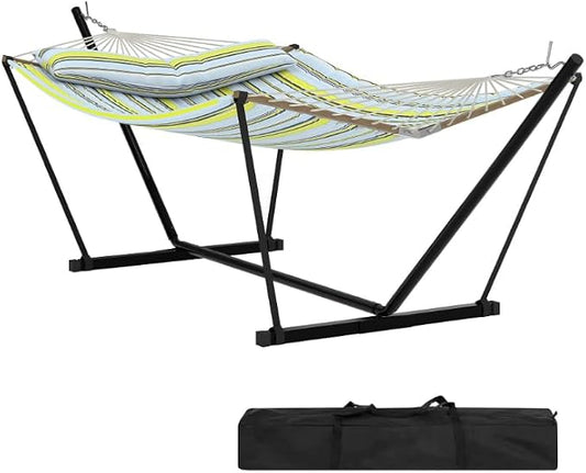 Double Hammock with Stand, 450 Lbs Capacity 12FT Heavy Duty Portable 2 Person Hammock with Steel Frame & Anti-Tip Design, Easy 2-Minute Setup for Patio, Garden, Beach, Backyard, Light Blue and Green