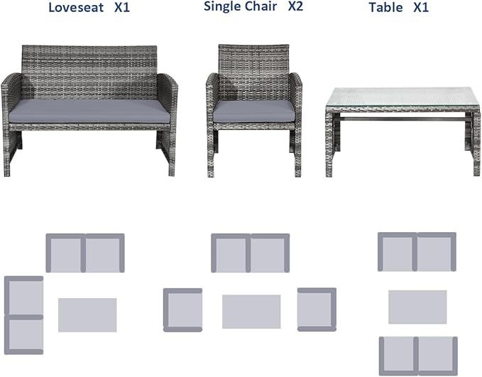 HAPPYGRILL 4 Pieces Rattan Patio Conversation Set with Soft Cushions, Outdoor Furniture Set with PE Wicker Coffee Table & Sofa Chairs for Garden Poolside Porch Backyard