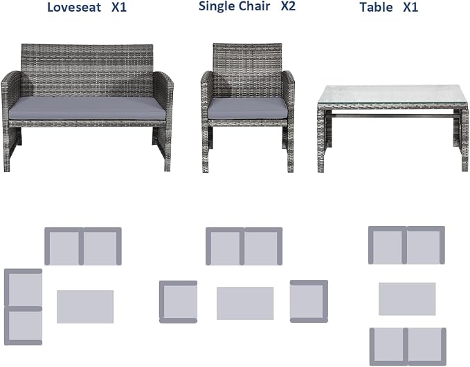 Outdoor Conversation Set, 4 Pieces Wicker Patio Furniture Set with Ergonomic Curved Design, Patio Chair Set with Water-Resistant Cushion & Tempered Glass Table for Balcony, Porch(Gray)