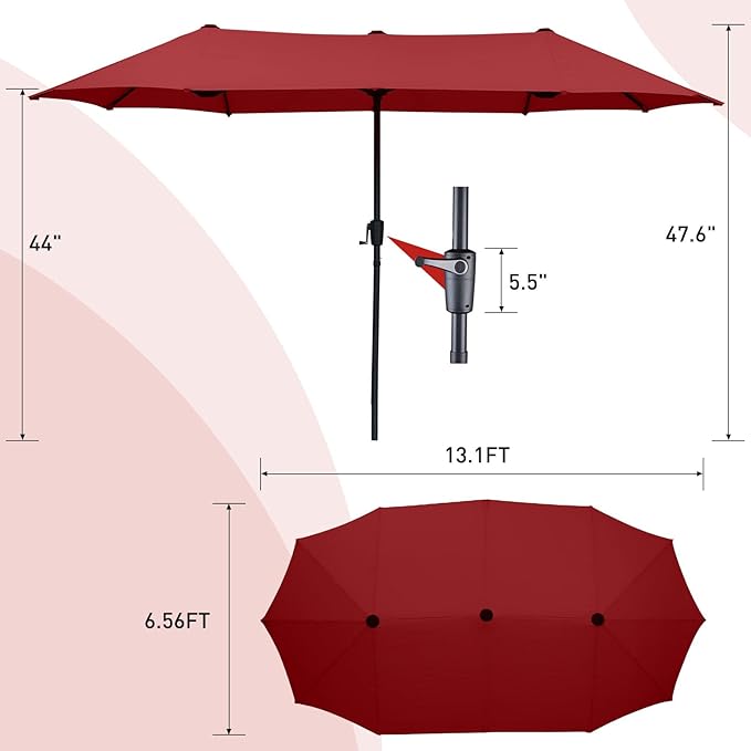 13 ft Patio Umbrella, Large Rectangle Outdoor Umbrella with Strap, Crank, Red