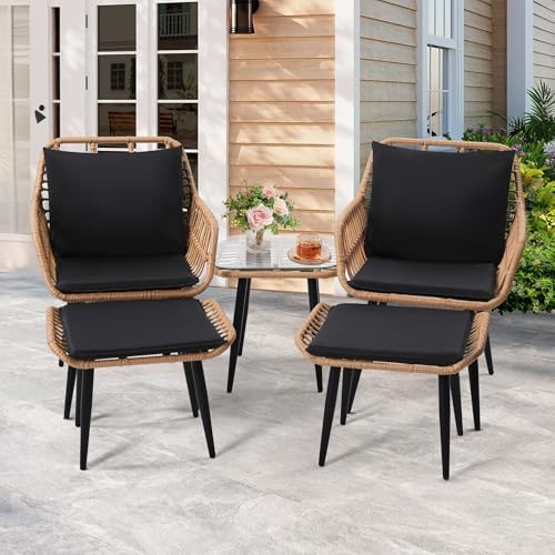 5-Piece Wicker Patio Conversation Set - 2 Chairs, 2 Ottomans & Side Table - Stylish Outdoor Furniture for Porch, Balcony, Deck & Backyard - Durable Natural Finish