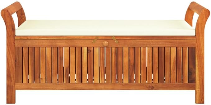 Wooden Outdoor Patio Storage Bench Large Deck Box with White Cream Cushion, Entryway Storage Bench, Solid Wood Acacia Storage Box Deck Box with Seat, 49.6"x19.7"x23.6"