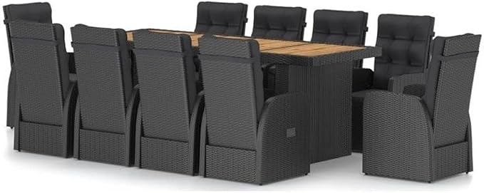 Afuera Living 11-Piece Outdoor Dining Set, Poly Rattan and Acacia Wood, Black/Acacia Natural Finish, Includes Table, Reclining Chairs, Cushions, UV-Resistant, Modern Patio Furniture for Garden or