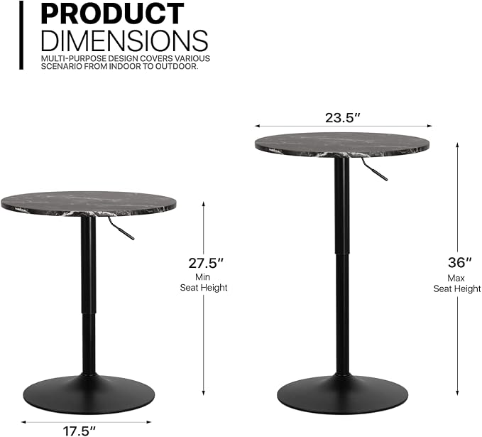 MoNiBloom Round High Top Table, 27.5"- 36" Height-Adjustable Bar Table with Black Marble Texture Top and Black Base, 360° Swivel Cocktail Bar Table Modern Style for Home Kitchen Balcony