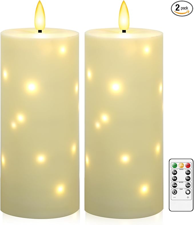 kakoya 10" x 4" Large Outdoor Waterproof Flickering Flameless Candles with Timer,2Pcs Battery Operated LED Pillar Candles with Embedded Star String for Outdoor Lanterns,Porch,Patio Decor(Ivory)