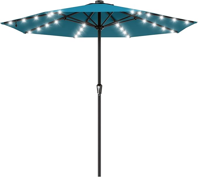 AreShark 12FT Large Patio Umbrella with Solar Lights, Solar Powered Outdoor Umbrella with Crank, Patio Table Market Umbrellas for Garden, Deck, Backyard, Pool and Beach, Lake Blue