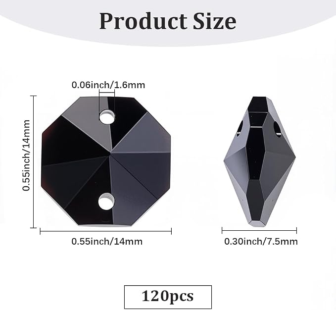 120Pcs Black 14mm Octagonal Crystal Beads 2 Holes Prism Beads Bulk Faceted Chandelier Parts Replacement Hanging Pendants Connector Suncatcher Spacers for DIY Lamp Hanging Ornament Jewelry