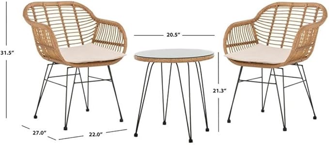 SAFAVIEH Outdoor Collection Alton Light Brown Rattan/Beige Seat Cushion 3-Piece Patio Lounge Bistro Set with Table (PAT9004C)
