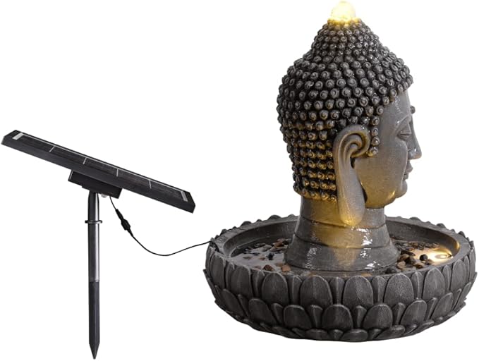Solar Powered Water Fountain Outdoor with Buddha Statue and LED Lights Design,Zen Waterfall Fountain Provide Peaceful Spaces for Your Garden (Buddha's Head)