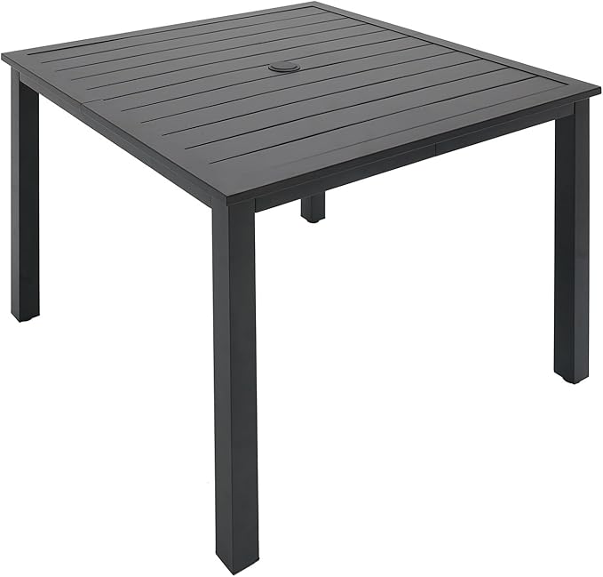 Anmutig Patio Table for 4, Metal Outdoor Dining Table with E-Coating, Square Steel Slated Outdoor Table with 1.57" Umbrella Hole for Garden Backyard, Black