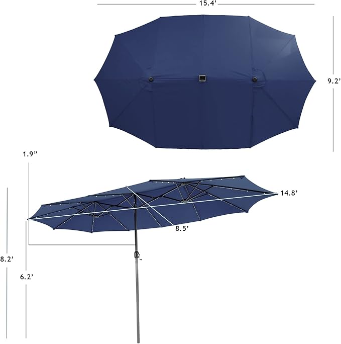 Giantex 15 FT Double Patio Umbrellas with 48 Solar LED Lights, Auto-Charging Panel, Crank System, Outdoor Extra-Large Rectangle Market Table Umbrella for Garden Deck Backyard Beach Pool