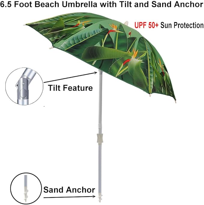 Beach Umbrella with Sand Anchor & Carry Bag, 6.5 Foot Beach Umbrella with Tilt Adjustable Pole Height, Ideal for Travel Garden Lawn, UPF 50+ (Birds of paradise)