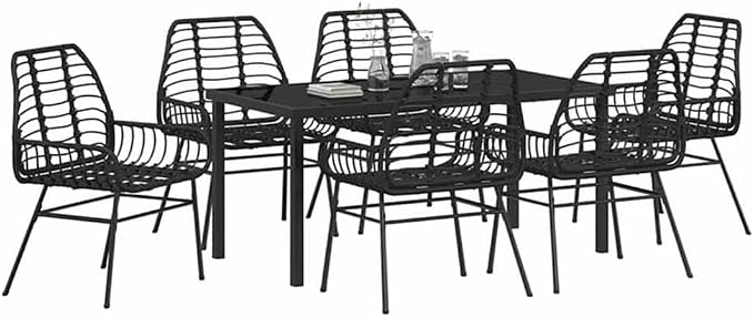 Afuera Living 7 Piece Poly Rattan Garden Dining Set, Black Finish, Weather-Resistant UV-Protected Materials, Glass Table Top, Comfort Seating, Modern Outdoor Patio Dining Furniture for Garden or