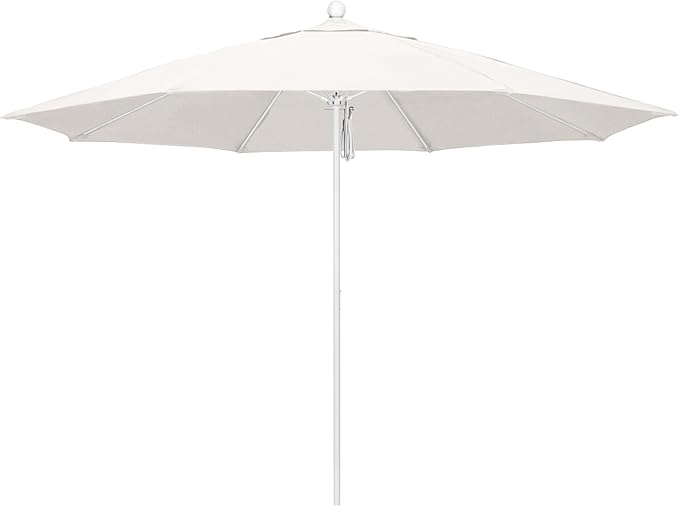 California Umbrella 11Ft Commercial Grade Market Umbrella, Pulley Lift, Aluminum/Fiberglass, 2mm pole wall, White Frame, Solution Dyed White Fabric