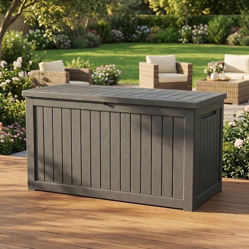 230 Gallon Deck Box, Waterproof Resin Outdoor Storage Box with Lockable Lid, Patio Storage Box with Fade Resistant for Patio Furniture Cushions, Pool Accessories, Garden Tools, Light Coffee