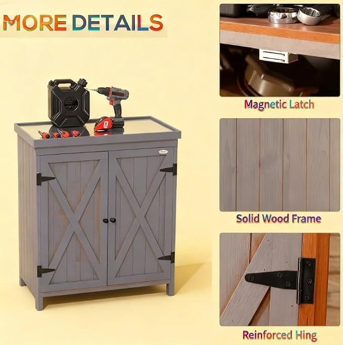 Wood Outdoor Storage Box and Deck Box with Galvanized Metal Top, Farmhouse Style Patio Cabinet with Shelves for Yard Tools & Cushions, Weather-Resistant Finish, 31.5 x 17.8 x 36.3 Inches, Grey