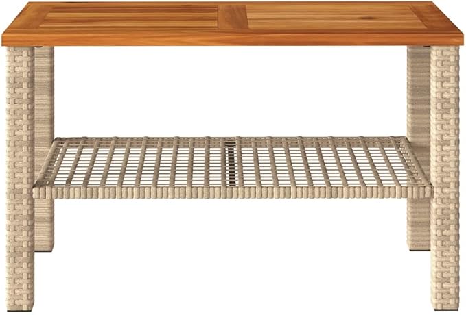 Outdoor Garden Table with Acacia Wood Top, 27.6x15x16.5 Inch Poly Rattan Patio Table, Powder-Coated Steel Frame for Backyard