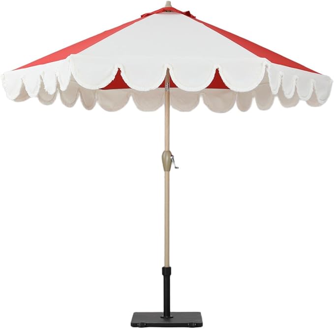 Tempera 9ft Red Scalloped Patio Umbrellas Outdoor Table Umbrellas with Fade Resistant Canopy, 8 Sturdy Rids, Elegant Vintage Umbrellas for Lawn, Pool, Deck, Balcony