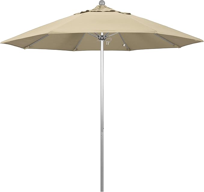 California Umbrella 9' Round Aluminum/Fiberglass Umbrella, Push Open, Silver Pole, Sunbrella Antique Beige