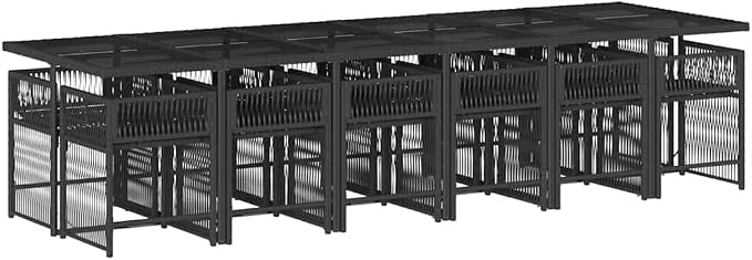 13 Piece Outdoor Garden Dining Set Black Cream White with Cushions, Tempered Glass Table, Synthetic Rattan Patio Furniture for 12 Person, Weather Resistant Modern Backyard Picnic Barbecue Party