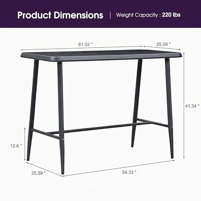 PURPLE LEAF Outdoor Bar Table Rectangular Bar High Pub Dining Table with Waterproof Tabletop for Patio Garden Balcony Dark Grey