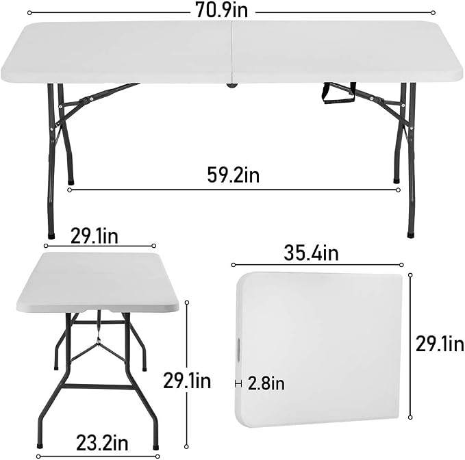BestOffice Outdoor 6 FT Folding Camping Table Plastic Table Portable Square Height Dining Table Perfect for Picnics, Parties, Party and Camping, White