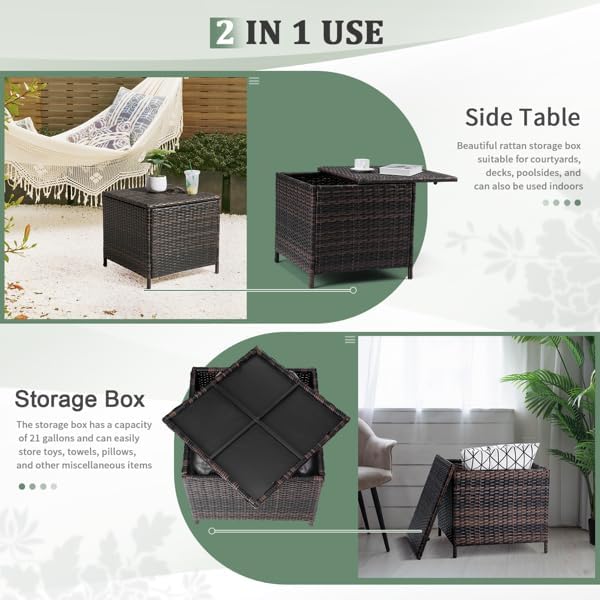 Outdoor PE Wicker Side Table with Storage, Patio Rattan End Table Square Container for Furniture Covers (Brown)
