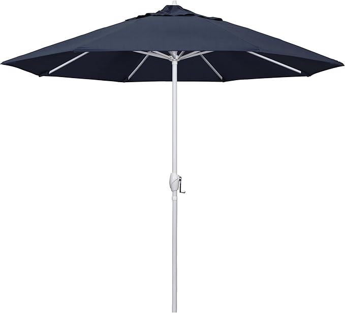 California Umbrella 12-Year Protection 9' Rd Aluminum Patio Umbrella, Crank Lift, Auto Tilt, White Finish, Sunbrella Indigo
