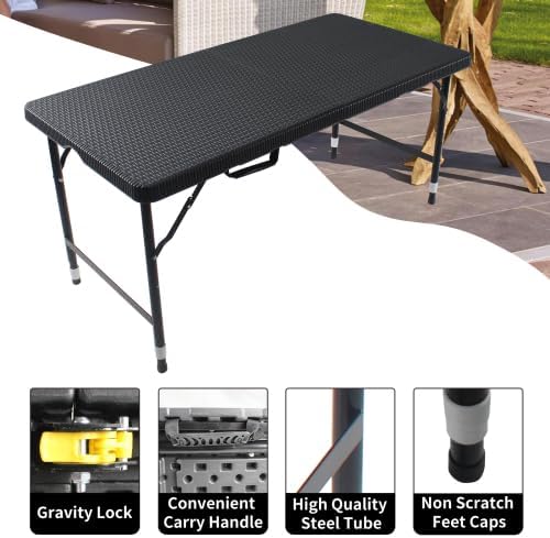 Rattan Folding Table 4ft Heavy-Duty Portable Outdoor Picnic Table for Party Dining Camping Tables with Handle(Black)