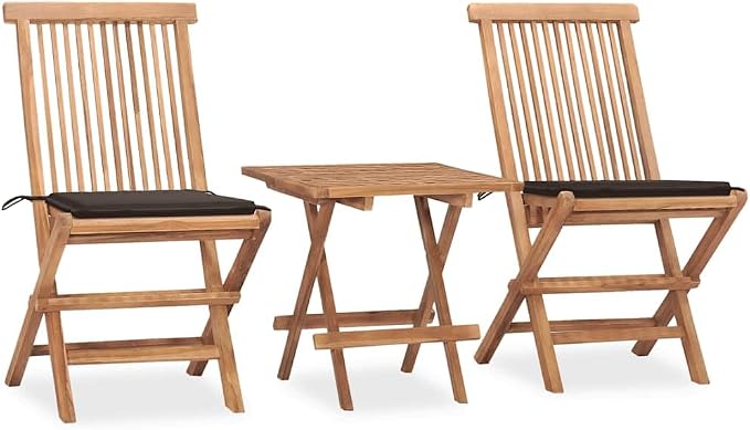 3 Piece Folding Patio Dining Set with Cushions Solid Teak Wood Outdoor Table and 2 Chairs for Garden Balcony Compact Space Saving Taupe