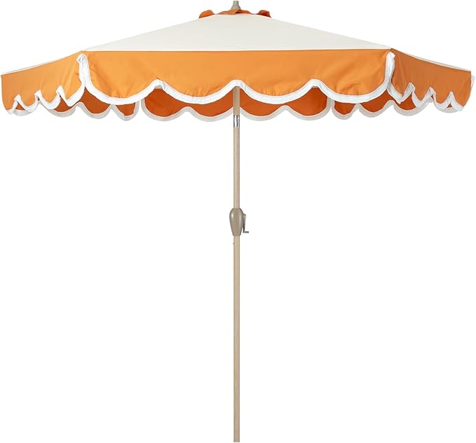 Tempera 9ft Scalloped Patio Umbrellas with Fringe, Market Umbrellas with Water-Resistant and Fade Resistant Canopy, 1.5" Wood Pole & Button Tilt.