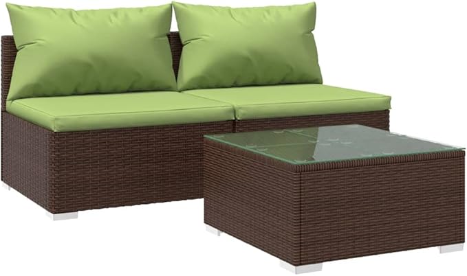 3 Piece Patio Lounge Set with Cushion, Patio Lounge Set Furniture Conversation Sets Piece Patio Set Outdoor Patio Sectional s Poly Rattan Brown