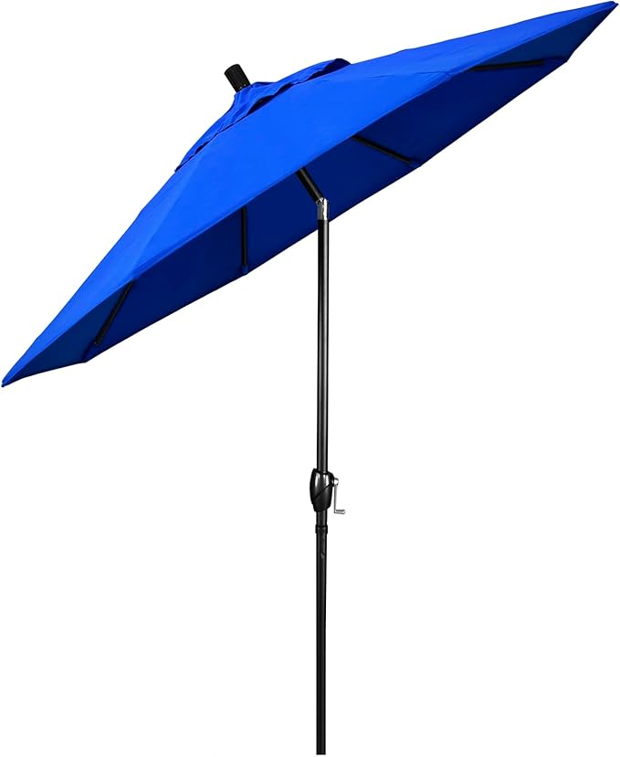California Umbrella 9' Round Aluminum Market Umbrella, Crank Lift, Push Button Tilt, Black Pole, Sunbrella Pacific Blue