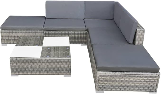 6 Piece Patio Lounge Set with Cushions, Patio Conversation Set Sectional Sofa Porch Furniture Set Outdoor Sofa Sets for Piazza Negotiation Area Garden Exhibition Poly Rattan Gray