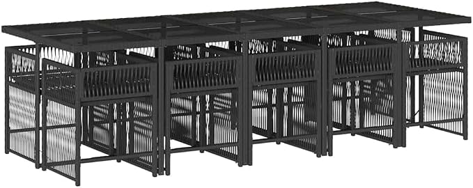 Garden Dining Set Black Poly Rattan Large Foldable 11 Piece Outdoor Patio Table with Tempered Glass Seats 10 for Backyard Terrace BBQ Furniture Modern Weather Resistant