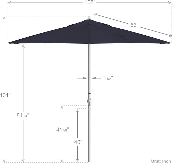 California Umbrella 12-Year Protection 9' Rd Aluminum Patio Umbrella, Crank Lift, Auto Tilt, White Finish, Sunbrella Navy