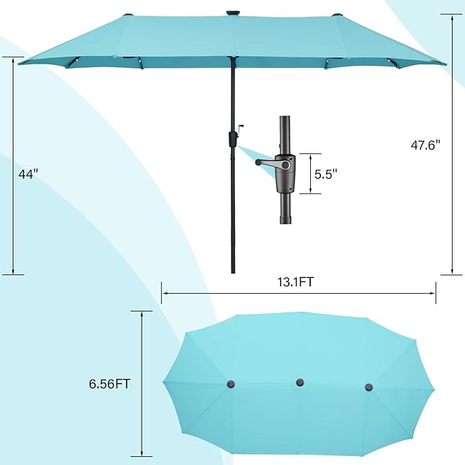 13 ft Patio Umbrella, Large Rectangle Outdoor Umbrella with Strap, Crank, Blue