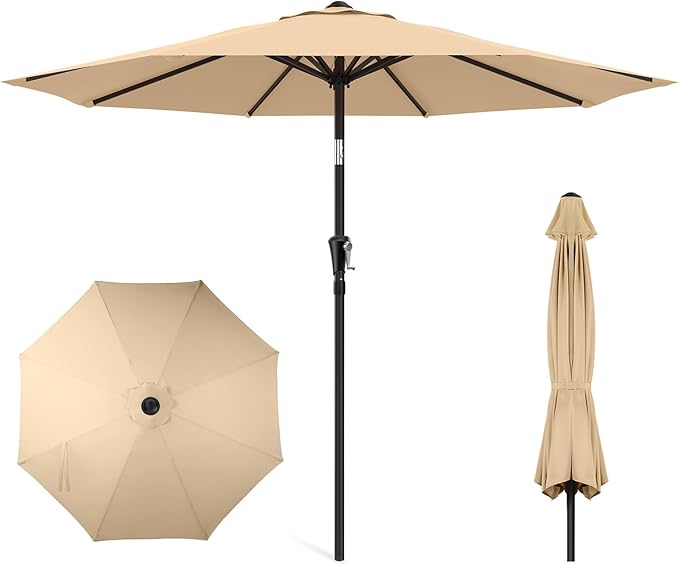 HOMSHADE 9ft Outdoor Patio Umbrella - Market Table Pool Deck Umbrella UPF50+ UV Protection with Push Button Tilt, Crank and 8 Sturdy Ribs (Beige, No base)