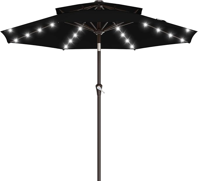 AreShark 9ft 2 Tiers Patio Umbrella with Solar Lights, Outdoor Umbrella w/ 32 LED Lights&8 Sturdy Ribs, Table Umbrella for Deck, Backyard, Pool(Black)