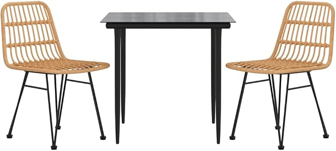 3 Piece Patio Dining Set, PE Rattan Bistro Set with Tempered Glass Top Table and 2 Chairs, Outdoor Steel Frame Furniture Set for Backyard, Balcony, Garden, Black