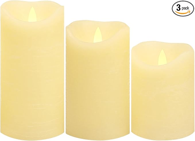 CANDLE CHOICE Battery Operated Flameless Candles with Timer Real Wax Realistic Flickering Electric LED Pillars Automatic Built-in Daily Cycle Timer 6-Hour on 18-Hour Off Set of 3 Rustic Texture Ivory