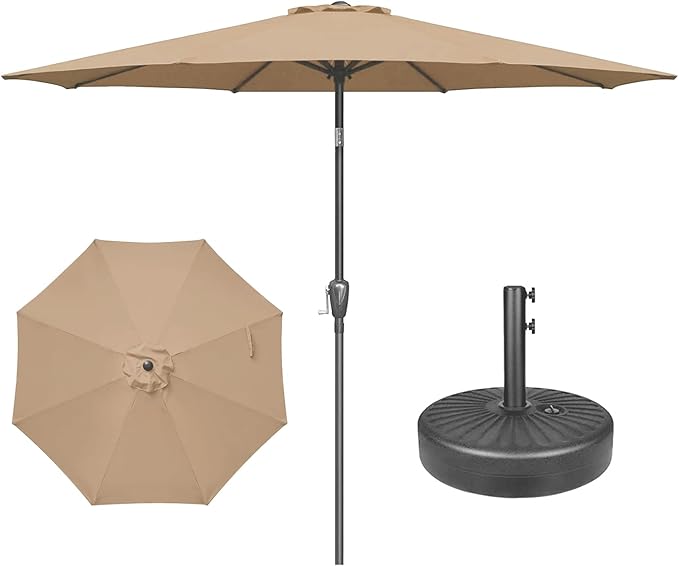 YSSOA 2 Pack 9' Patio Umbrella Outdoor Table Market Yard Umbrella with 8 Sturdy Ribs, Tan-2 Pack