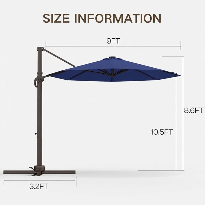 Kingdura 9ft Cantilever Patio Umbrella with Base Included, Large Round Metal Outdoor Offset Umbrella with 360-degree Rotation, 4 Position Tilt, UV Protection for Pool Deck Patio (Navy blue)