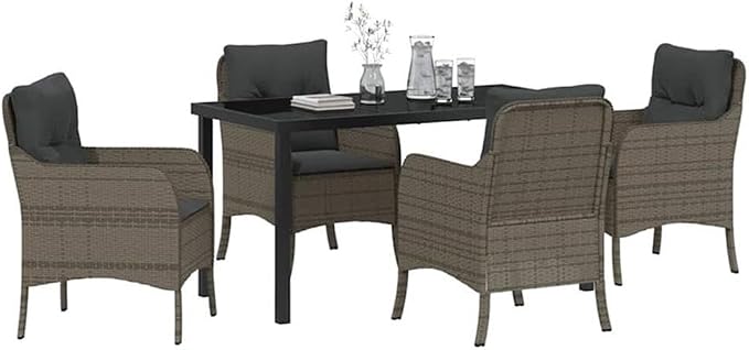 Afuera Living 5 Piece Poly Rattan Patio Dining Set, Cushioned Seats, Gray Finish, UV-Resistant, Powder-Coated Steel Frame, Tempered Glass Table, Modern Style Outdoor Furniture for Garden or Terrace