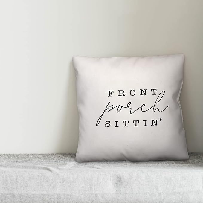 Front Porch Sittin' White and Black Indoor/Outdoor Pillow | Decorative Pillows for Living Room Couch Bed Sofa Patio, Fluffy Soft Cushion | Water Resistant Black, 16x16