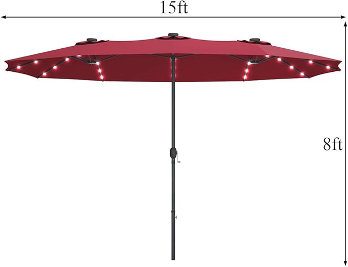 Tangkula 15 Ft Double Sided Patio Umbrella with Solar Lights, Extra Large Rectangle Outdoor Umbrella with 36 LED Lights & Crank Handle for Deck, Poolside, Garden, Backyard (Burgundy)
