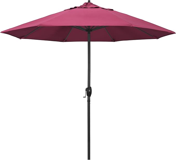 California Umbrella 12-Year Protection 9' Rd Aluminum Patio Umbrella, Crank Lift, Auto Tilt, Black Finish, Sunbrella Hot Pink