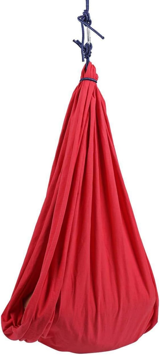 Elastic Therapy Swing Indoor Outdoor Hammock Style Sensory Hanging Chair with Carabiner Ropes 80kg Capacity (Red)